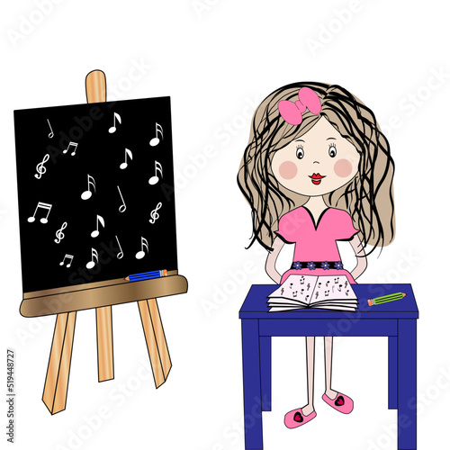 Profesora con vestido rosa y pizarra con notas musicales.