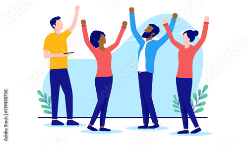 Diverse group of people cheering - Happy casual businesspeople of different ethnicities celebrating and being happy with raised hands. Flat design vector illustration with white background