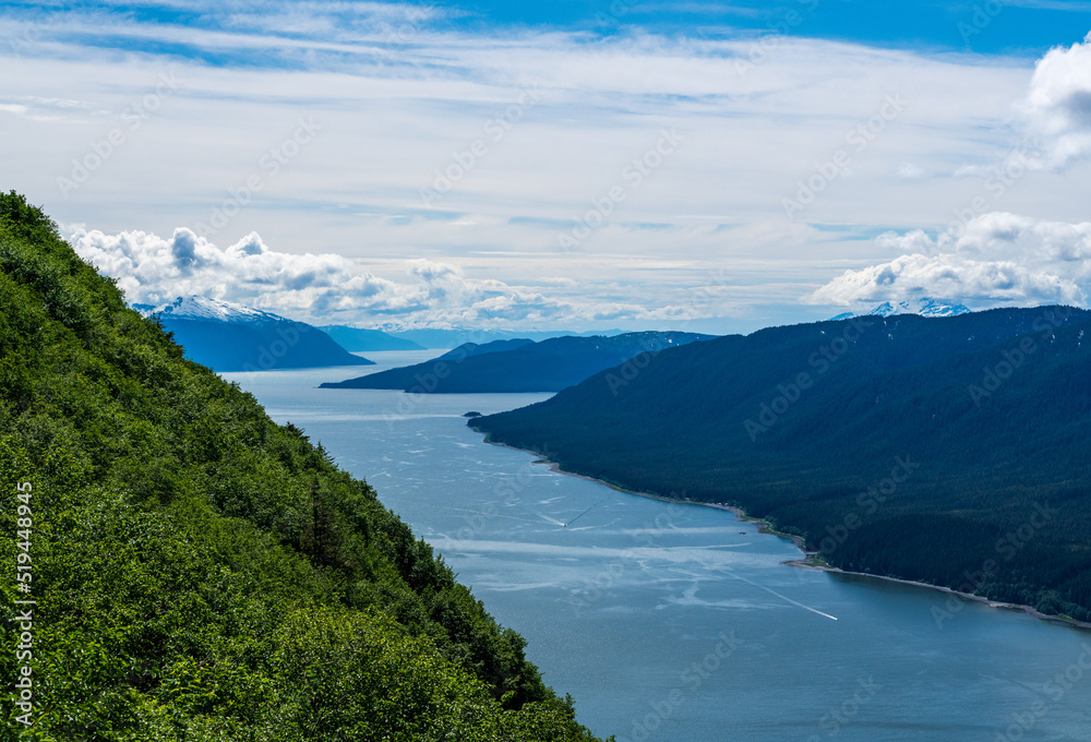 View of the river route to the ocean at Juneau in Alaska as seen from Mt Roberts