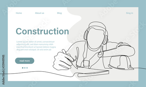 Vector landing page of architecture works with protective face masks for safety in machine industrial factory. Continuous one line drawing for your minimal design