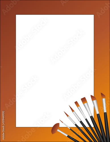 Art Poster Frame, paintbrush collection fan, copy space for fine art events, announcements, stationery, scrapbooks and fliers for gallery, studio, museum or painting exhibition, portrait orientation