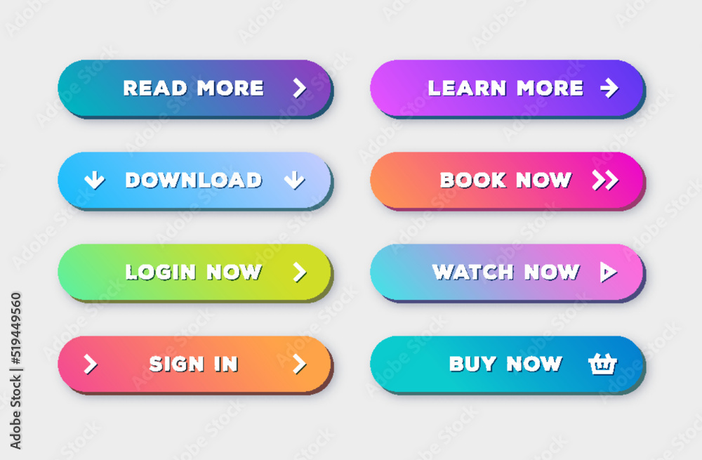 Vector button set 3d bold modern trendy gradient style with shadow isolated on background for web site, ui, mobile app. Call to action icon button. vector 10 eps