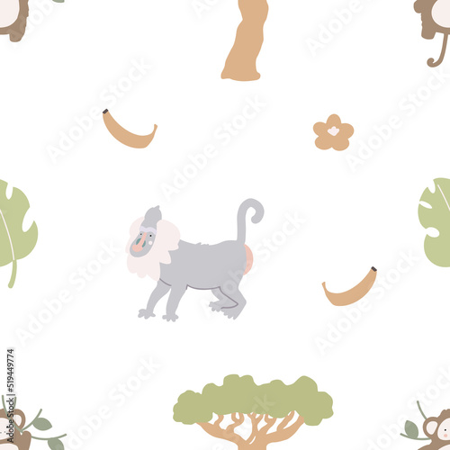 Hand-drawn seamless pattern illustration with safari animals. Cute African monkeys. © Alexandra