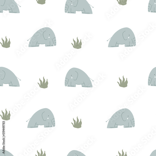 Hand drawn seamless pattern illustration with safari animals. Cute african elephant.
