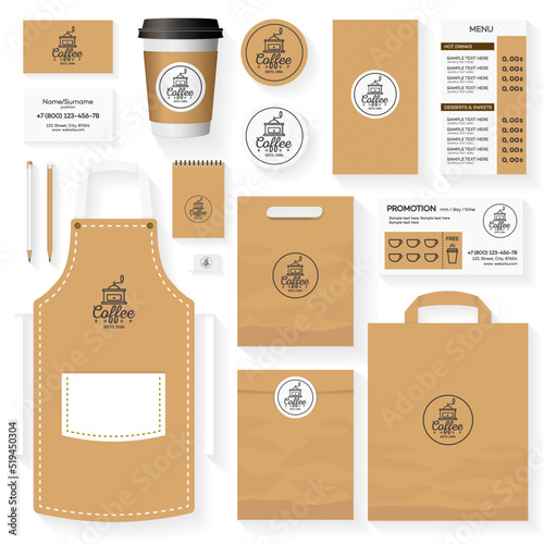 Coffee shop identity template design set with coffee shop logo and coffee machine. Restaurant cafe set card, flyer, menu, package, uniform design set. Stock vector