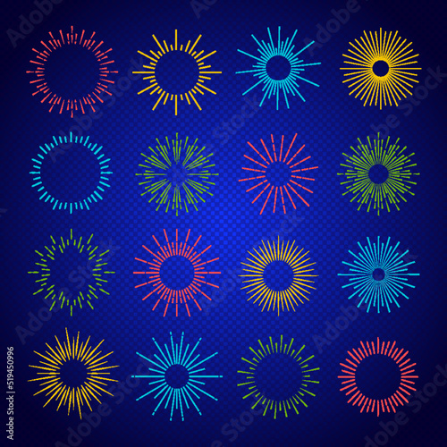 Vector Illustration neon sunburst set colorful style isolated on transparent background. Firework explosion, star, rays of light. 10 eps