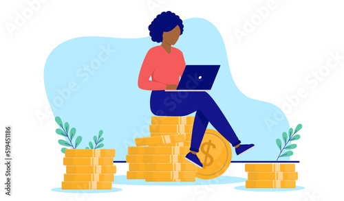 Photos Successful ethnic career woman - Female minority person sitting on stack of mone