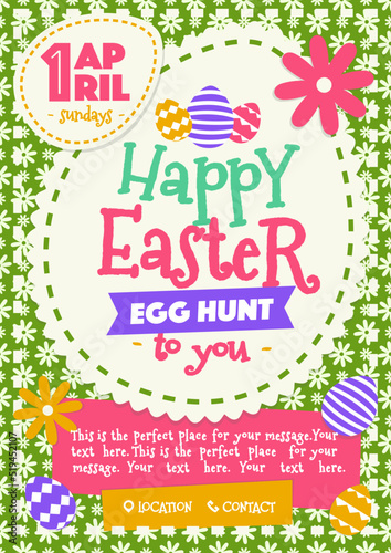Easter party poster with wish - happy easter day egg hunt and eggs colorful style for holiday flyer  special offer  promotion  banner sale  decoration  stamp  label. Vector Illustration