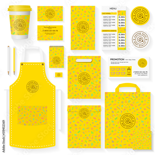 Coffee house corporate identity template set with yellow memphis geometric pattern and logo coffee shop. Restaurant cafe set card, flyer, menu, package, uniform design set. Vector Illustration