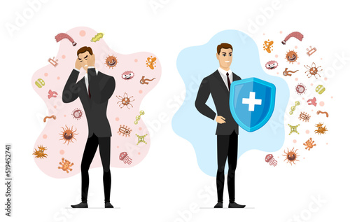 Man healthy and disease immune system comparison concept. Strong immunity person protected from viruses and germs and unhealthy sick male susceptible to infection. Bacteria prevention and protection