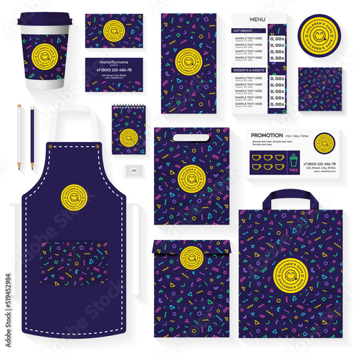 Childrens cafe corporate identity template design set with memphis geometric pattern. Restaurant cafe set card, flier, menu, package, uniform design set. Stock vector