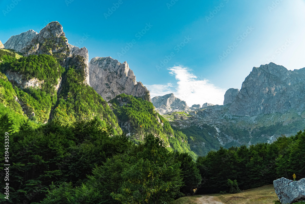 Montenegro. Prokletiye National Park. Summer. Mountain range. Green mountain peaks