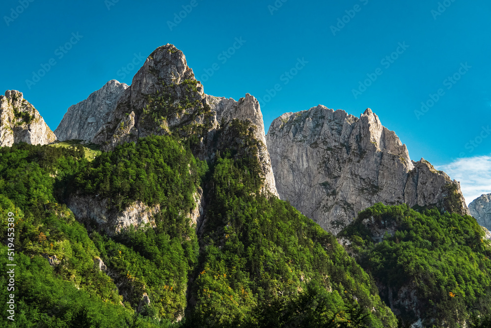 Montenegro. Prokletiye National Park. Summer. Mountain range. Green mountain peaks