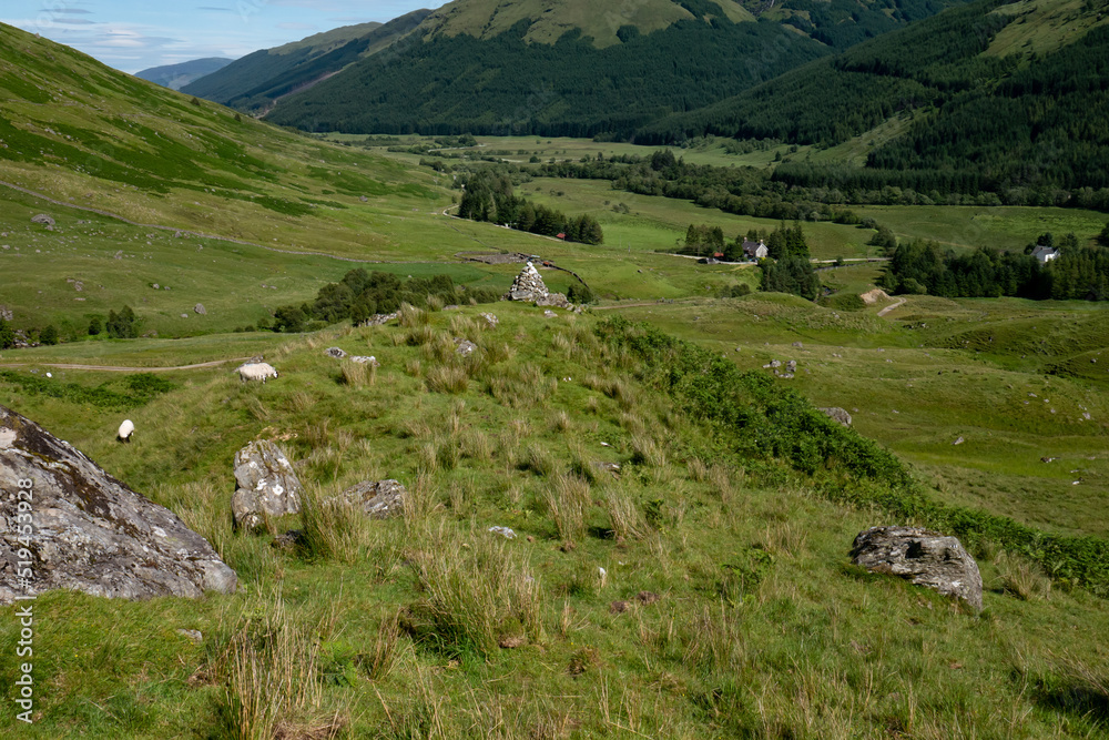 View of Inverlochlarig and beautiful lush green summer mountainous landscape in the Scottish Trossachs National Park.