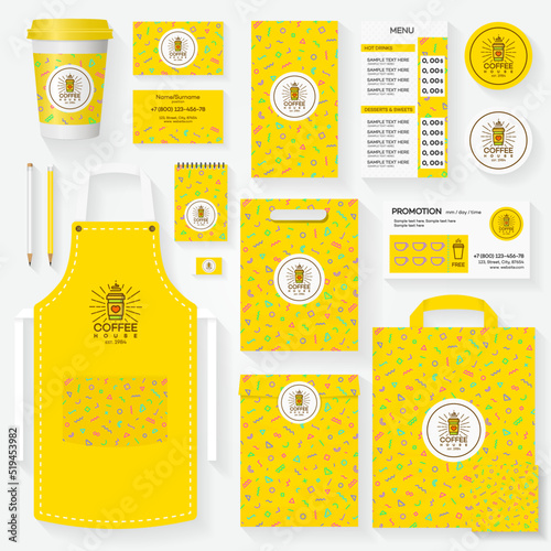 Coffee shop corporate identity template set with color paper cup logo and memphis geometric pattern. Restaurant cafe set card, flyer, menu, package, uniform design set. Vector Illustration