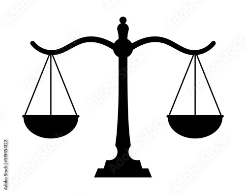 Scales balance icon. Icon of scales of law and justice for weight of legal judge. Weigh lawyer's equal libras for symbol in flat for court. Vector. Scales equilibrium illustration on white