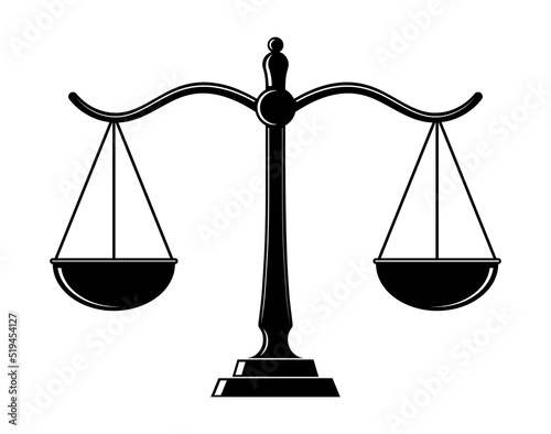 Scales balance icon. Icon of scales of law and justice for weight of legal judge. Weigh lawyer's equal libras for symbol in flat for court. Vector. Scales equilibrium illustration on white