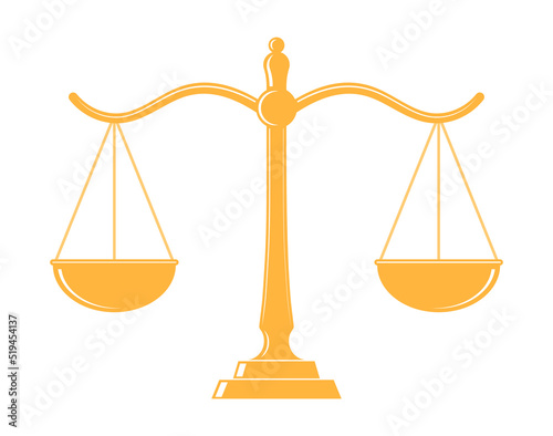 Scales balance icon. Gold icon of scales of law and justice for weight of legal judge. Lawyer's equal libras for symbol in flat for court. Vector. Scales equilibrium illustration on white