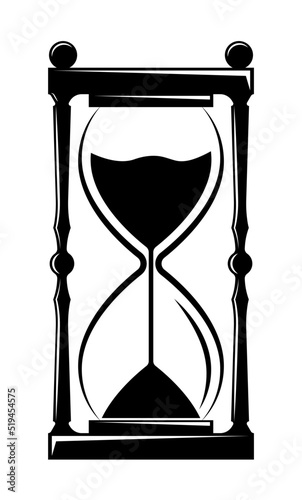 Sand clock, hourglass icon. Sand and hour glasses for time. Sandglass, watch, sand timer with countdown illustration in vintage old style. Vector. Symbol, graphic silhouette of black sandclock