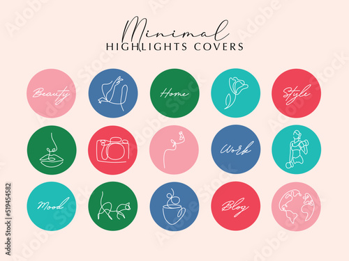 Iconos minimalistas en diseño lineal para portada de historias destacadas en redes sociales con concepto femenino.
