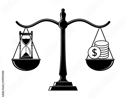 Time is money. Time and money balance on scales. Time and money weights compare on scales flat icon for business. Clock and price, value, finance comparison illustration. Vector. Equity and economy
