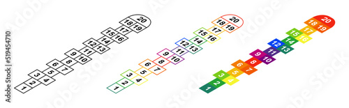 Hopscotch games set. Hop scotch chalk games icons for kids playground and school. Kid game with for jumps isolated illustration for play on street. Vector