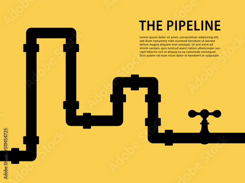 Plumbing pipeline for water, gas and oil. Pipe system with valves technology icon. Yellow construction infographic of heating, sewer for supply, business,refinery,factory,sewerage illustration.Vector