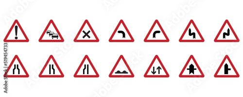 International traffic sign set. General warning, Crossing equivalent roads, Dangerous turns, Road narrows, Rough road, Two way traffic, Intersection with secondary road, Minor road junction. Vector.