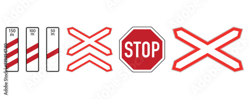 International road sign set railroad crossing isolated on white background. Railroad ahead warning traffic symbol. Vector illustration.