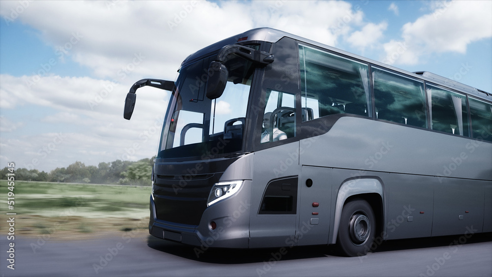 Touristic bus very fast driving on highway. Tourism, travel concept. 3d rendering.
