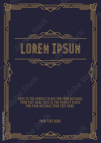 Greeting card template geometric art deco style with gold frame on cyan background for wedding invitation card, party, menu restaurant, sale, cafe. Arabic frame. Vector Illustration