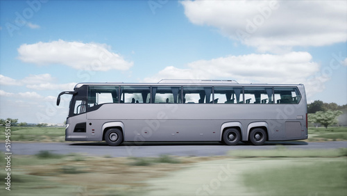 Touristic bus very fast driving on highway. Tourism, travel concept. 3d rendering.