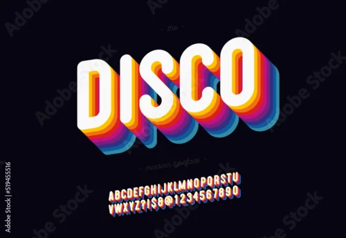 Obraz Vector 3d disco font bold style modern typography. Cool vintage typeface for decoration, logotype, poster, t shirt, book, card, sale banner, printing on fabric, industrial. Trendy alphabet. 10 eps