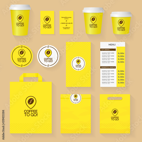 Coffee shop corporate identity template design set with coffee to go logo and coffee grain. Restaurant cafe set card, flyer, menu, package, uniform design set. Vector Illustration