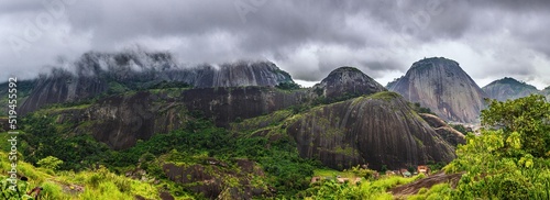 A panoramic view of Idanre hills on a cloudy day. 