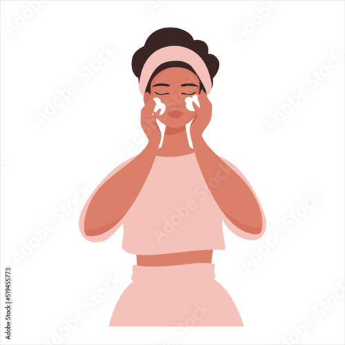 Cute girl cleanse face as a step of everyday skin care routine. Beauty procedures to get healthy look and take care of yourself. Vector illustration isolated on white background. 