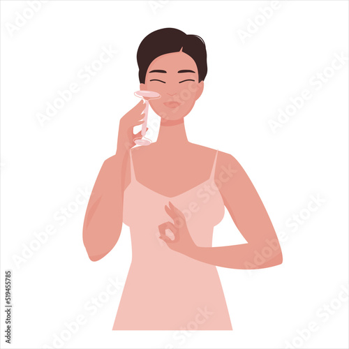 Cute girl character making facial massage with a stone roller. Relaxation and anti aging effect. Beauty care to get healthy glowing look. Vector illustration isolated on white background. 