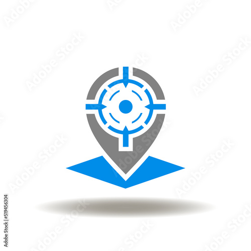 Vector illustration of location map marker with aim. Icon of navigation, tarcking, delivery goals. Symbol of our services.