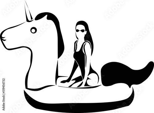 Black and White Cartoon Illustration Vector of a Woman Floating in a Unicorn Inflatable Float