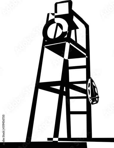 Black and White Cartoon Illustration Vector of a Lifeguards Wooden Tower with Life Ring