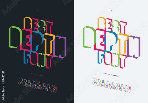 Vector depth font set colorful bold style for logo, decoration, party poster, t shirt, book, greeting card, sale banner, printing on fabric. Cool 3d modern typography alphabet. Trendy typeface. 10 eps