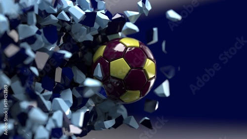 Fototapeta Naklejka Na Ścianę i Meble -  Dark Red-Yellow Soccer ball breaking with great force through blue wall under spot light background. 3D high quality rendering. 3D illustration. 3D CG.