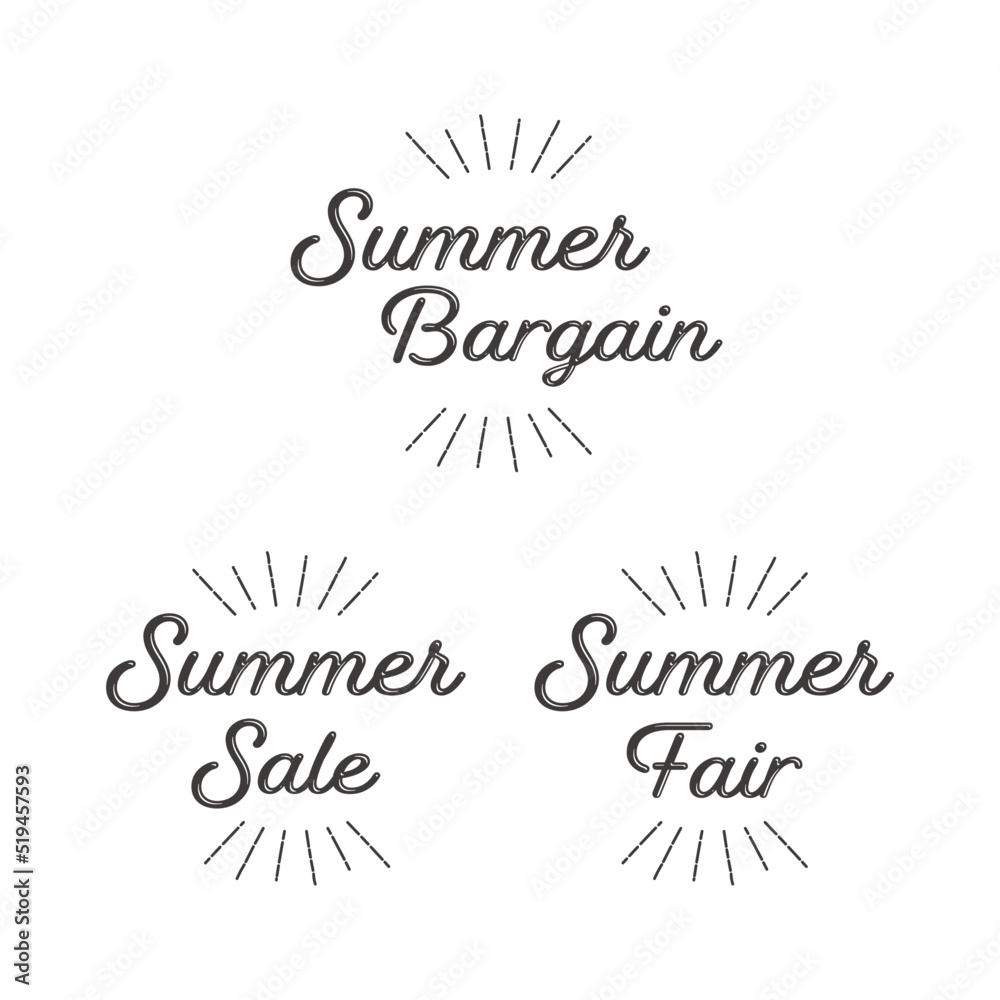 お洒落なバーゲン、セール、フェアのロゴと太陽線のセット 夏