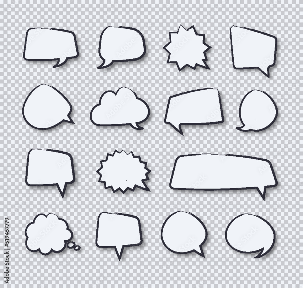 Stickers of speech hand draw bubbles set white color on transparent background for chat, communication, your message. Vector Illustration 10 eps Stickers of speech hand draw bubbles set white color on transparent background for chat, communication, your message. Vector Illustration 10 eps