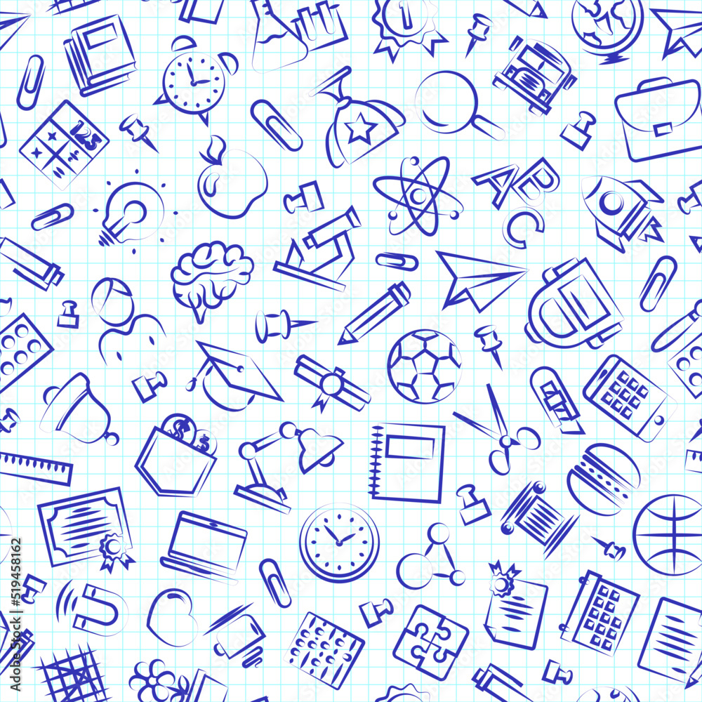 Seamless education and school pattern with hand drawn thin line icons school supplies on checkered background. Vector Illustration