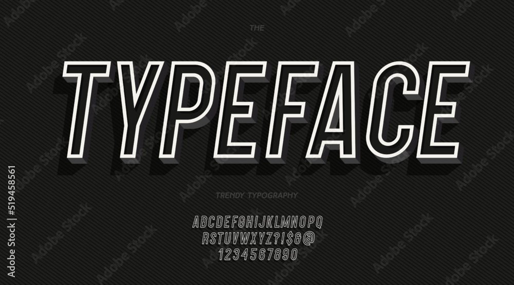 Vector typeface 3d bold style for banner, infographics, motion graphic, party poster, book, music, t shirt, flyer, decoration, printing, industrial. Cool font. Trendy alphabet. 10 eps