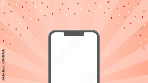 紙吹雪が舞う派手なピンク色の背景に画面が白いスマートフォンのイラスト - セール･当選のイメージ素材
