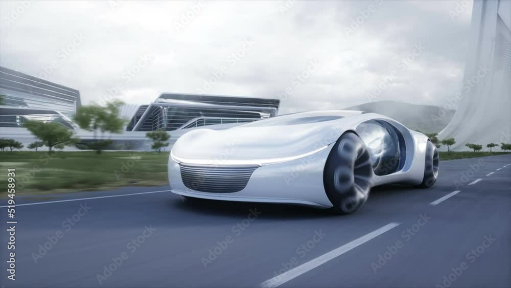 Futuristic electric car very fast driving on highway. Futuristic city concept. Realistic 4k animation. Futuristic electric car very fast driving on highway. Futuristic city concept. Realistic 4k animation.