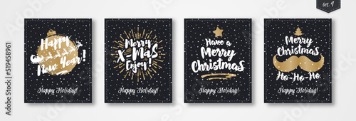 Christmas greeting card set with emblem gold style consisting sign Merry Christmas  Happy New Year with santa and deer  star  mustache on snow holiday background black color. Vector Illustration