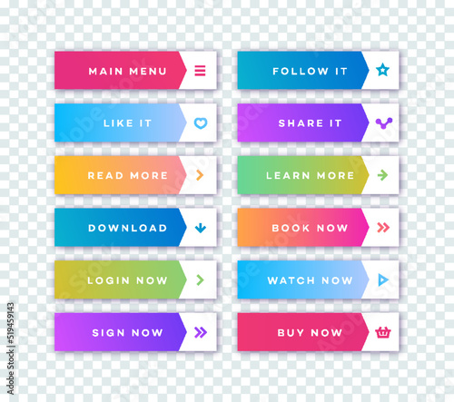 Vector button set modern gradient style with shadow isolated on transparent background for web site, ui, mobile app. Call to action icon button. vector 10 eps